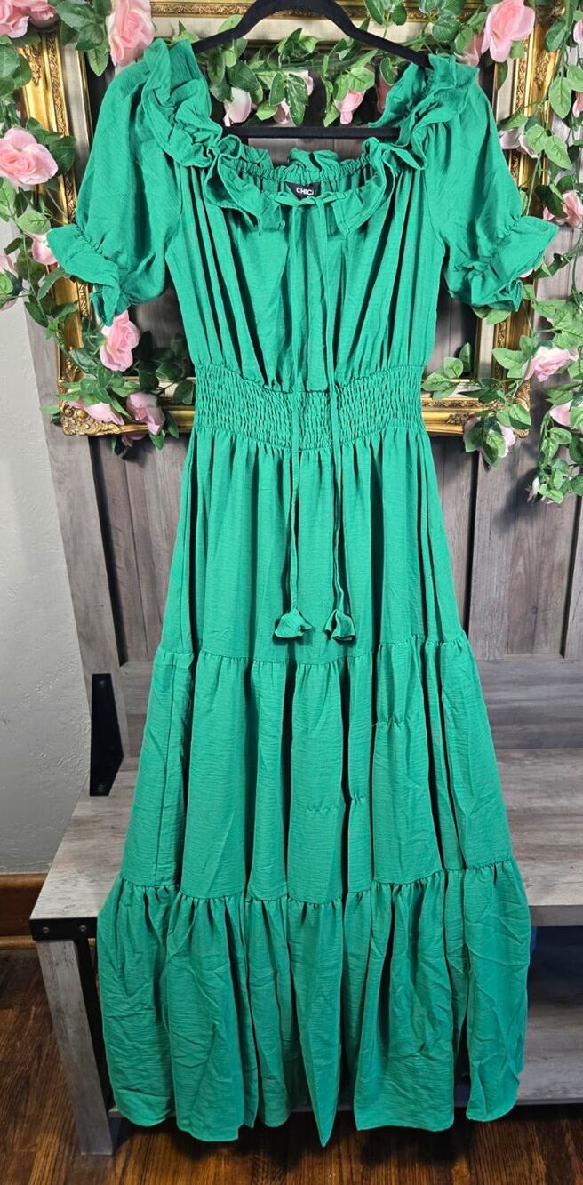 CHICME Green Maxi Dress S Smocked Waist Ruffle Puff Sleeve Tiered Cottagecore
